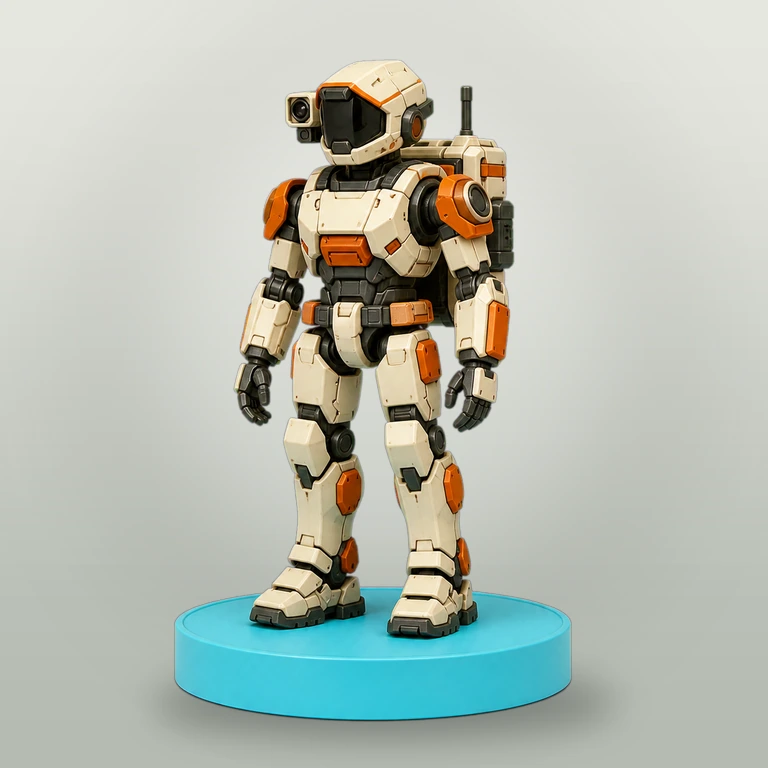 シアン色の円形台座に立つオリジナルの産業ロボット型フィギュア